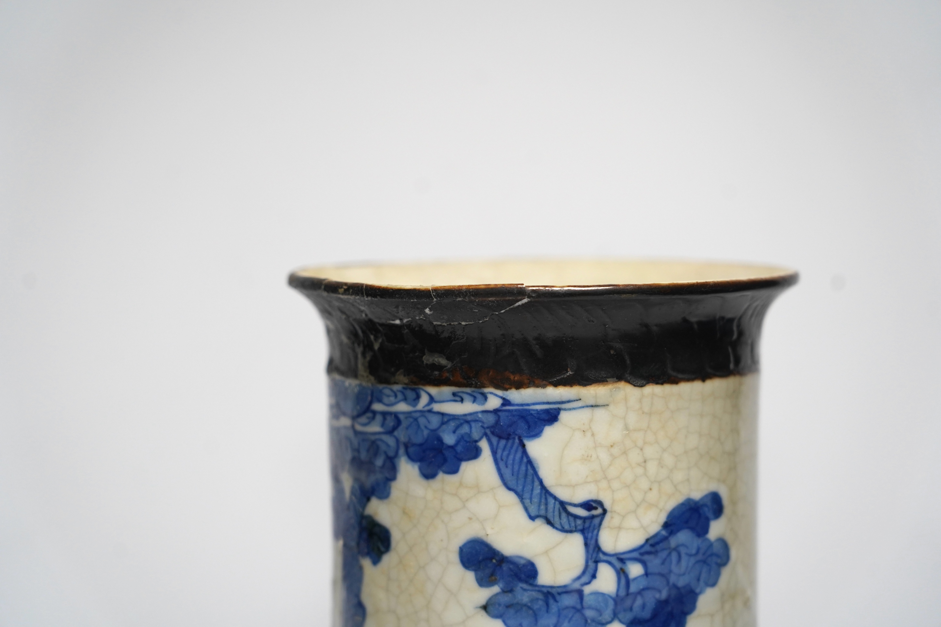 Oriental items to include a cylindrical blue and white vase with associated hardwood stand, a Japanese watercolour painting on silk together with a Japanese bamboo page turner